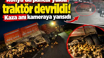 Konya’da pancar yüklü traktör devrildi! Kaza anı kameraya yansıdı