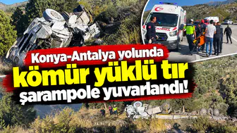Konya-Antalya yolunda kömür yüklü tır şarampole yuvarlandı!