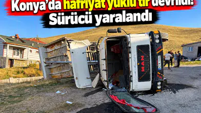 Konya’da hafriyat yüklü tır devrildi! Sürücü yaralandı
