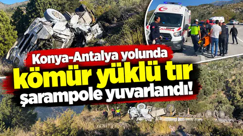 Konya-Antalya yolunda kömür yüklü tır şarampole yuvarlandı!